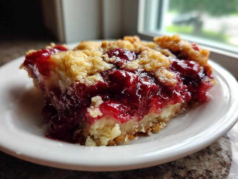 Close-up of a moist slice of cherry dump cake with a crumbly topping served on a white plate.
