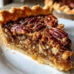 Close-up of a rich, gooey slice of pecan pie showing the caramelized filling and whole pecans on top.