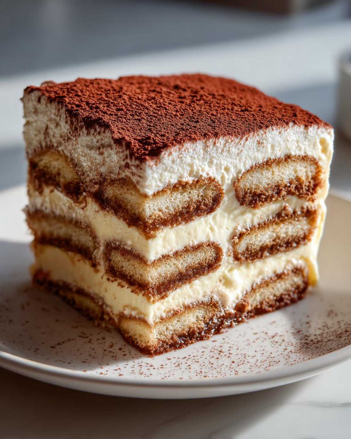 A square slice of layered tiramisu recipe featuring ladyfingers, mascarpone cream, and dusted with cocoa powder.
