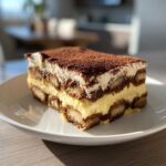 A perfect, layered slice of homemade tiramisu recipe served on a white plate, dusted heavily with cocoa powder.