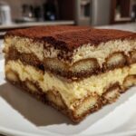 A close-up of a rich, layered slice of tiramisu recipe featuring ladyfingers, mascarpone cream, and cocoa dusting.