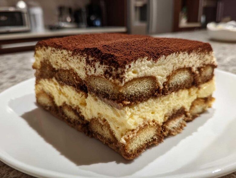 A close-up of a rich, layered slice of tiramisu recipe featuring ladyfingers, mascarpone cream, and cocoa dusting.