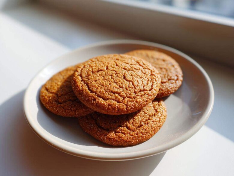 Four soft, crinkled applesauce cookies stacked slightly on a small, light grey plate near a window.