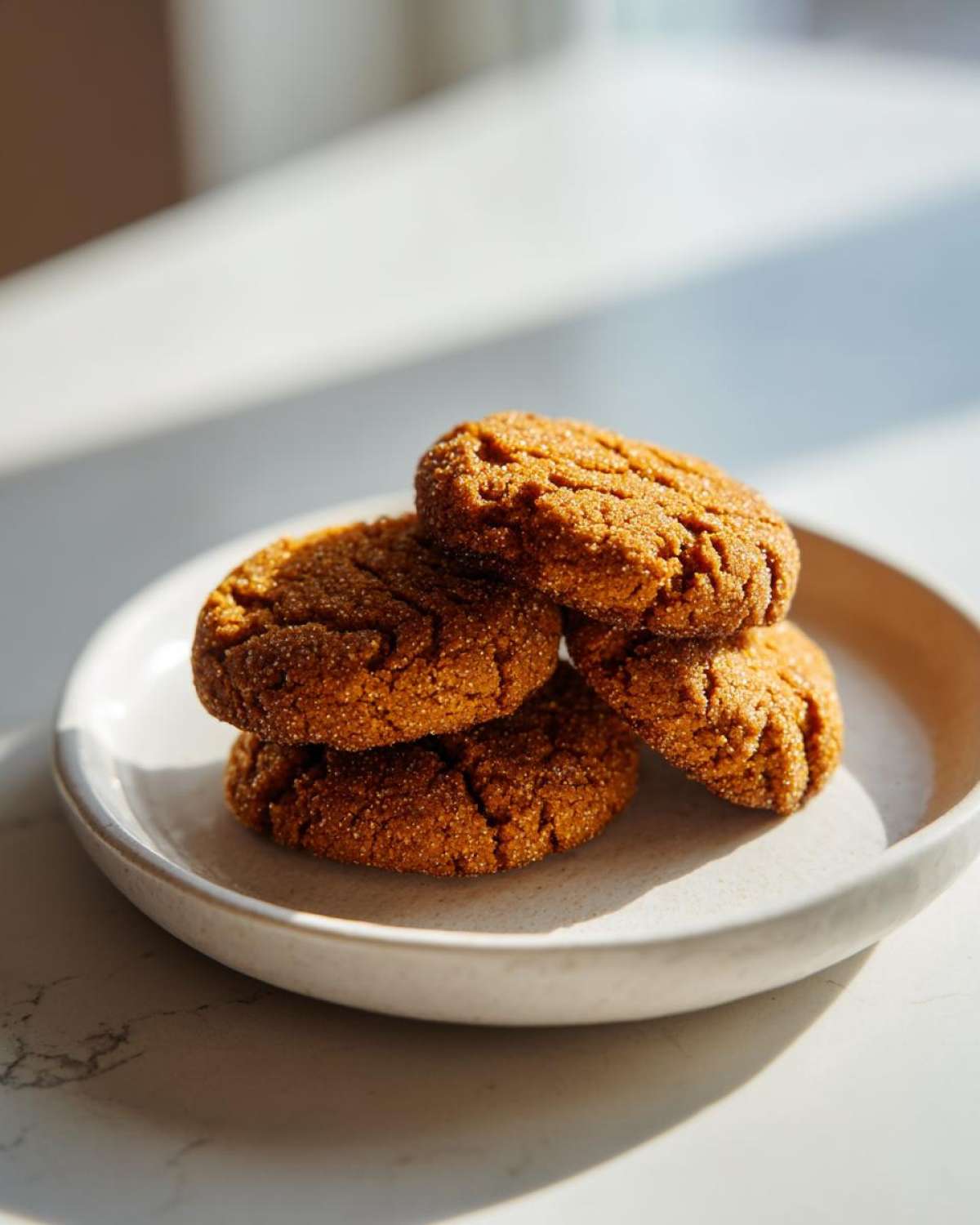 A small stack of four soft, crinkly applesauce cookies coated in sugar, resting on a light ceramic plate.