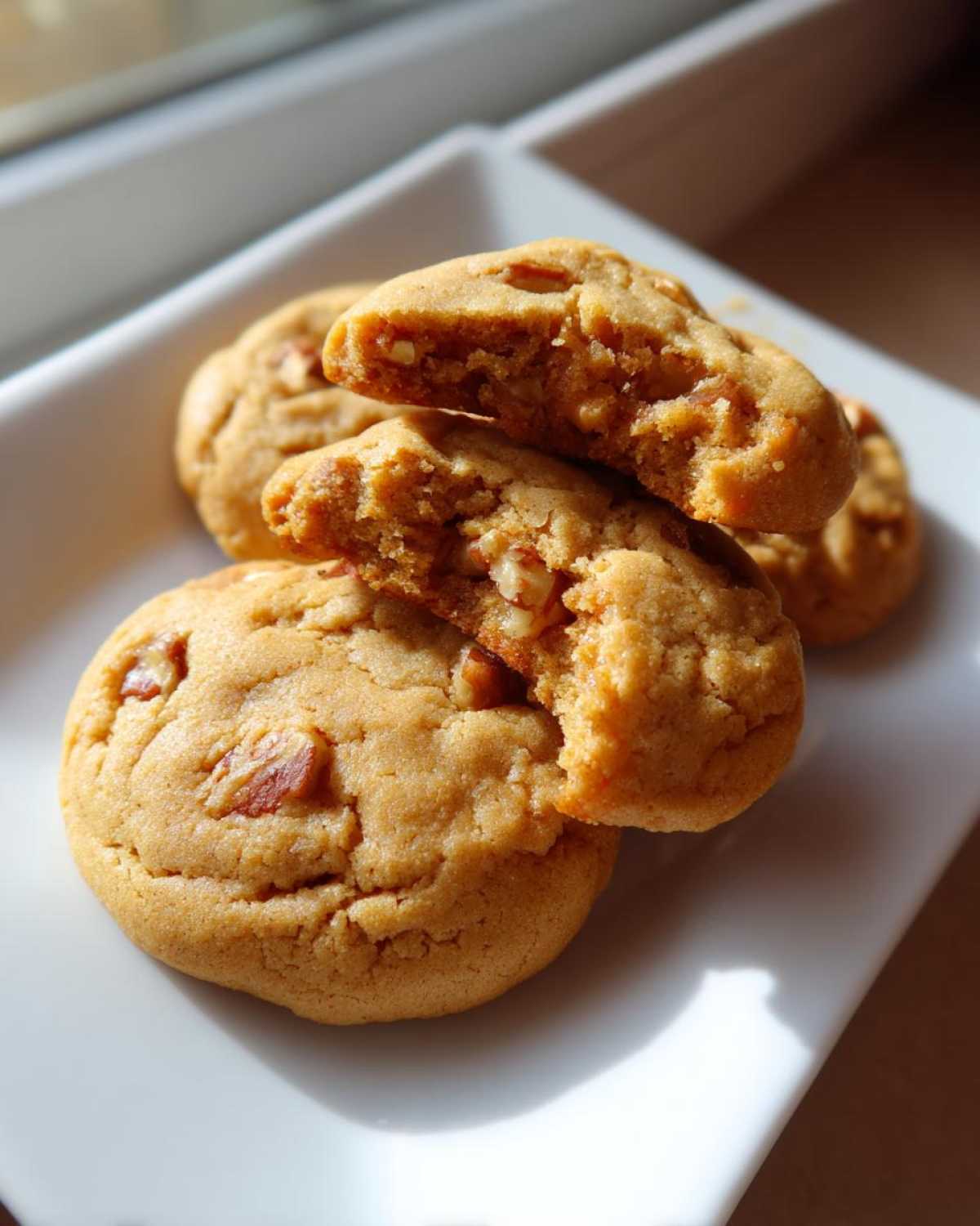 Close-up of soft, golden butter pecan cookies on a white plate, one cookie broken open to show the texture.