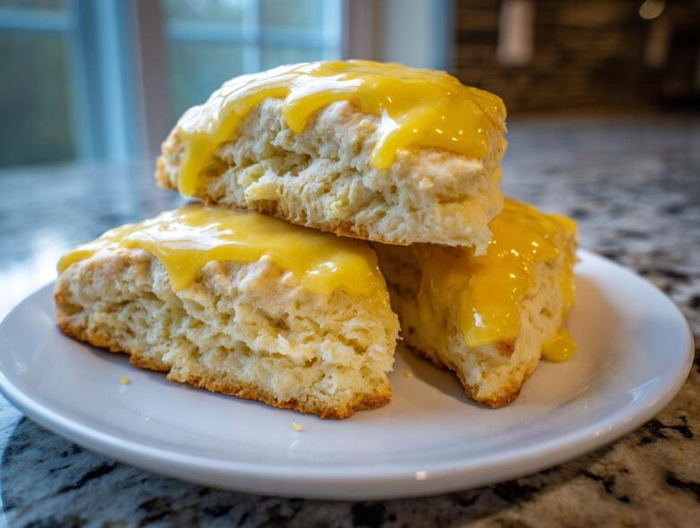 Three soft lemon scones stacked on a white plate, generously topped with a bright yellow lemon glaze.