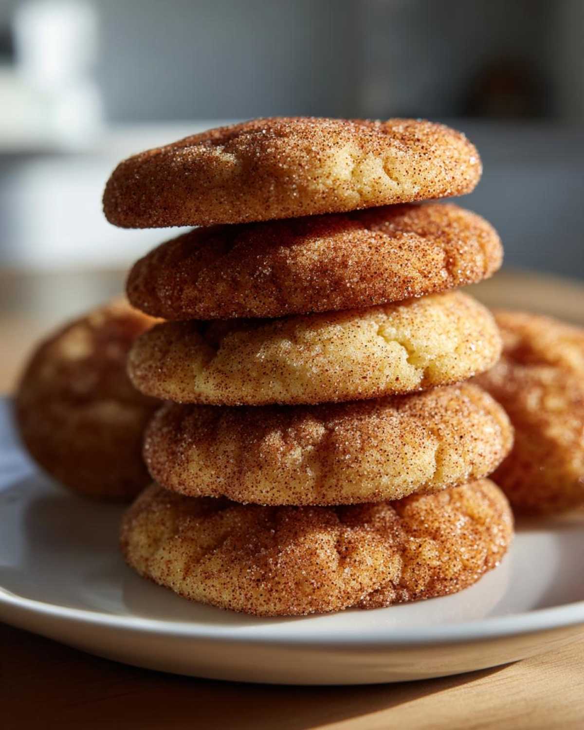 A vertical stack of five soft, chewy snickerdoodles generously coated in cinnamon sugar, resting on a white plate.