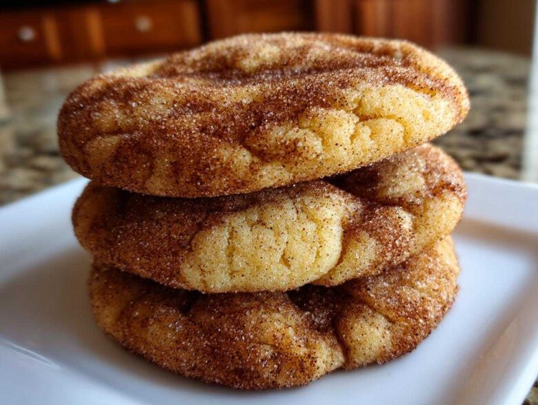 A close-up stack of three soft, chewy snickerdoodles cookies generously coated in cinnamon sugar.