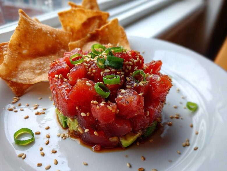 A vibrant stack of spicy tuna tartare layered over avocado, garnished with sesame seeds and scallions, served with crispy wonton chips.