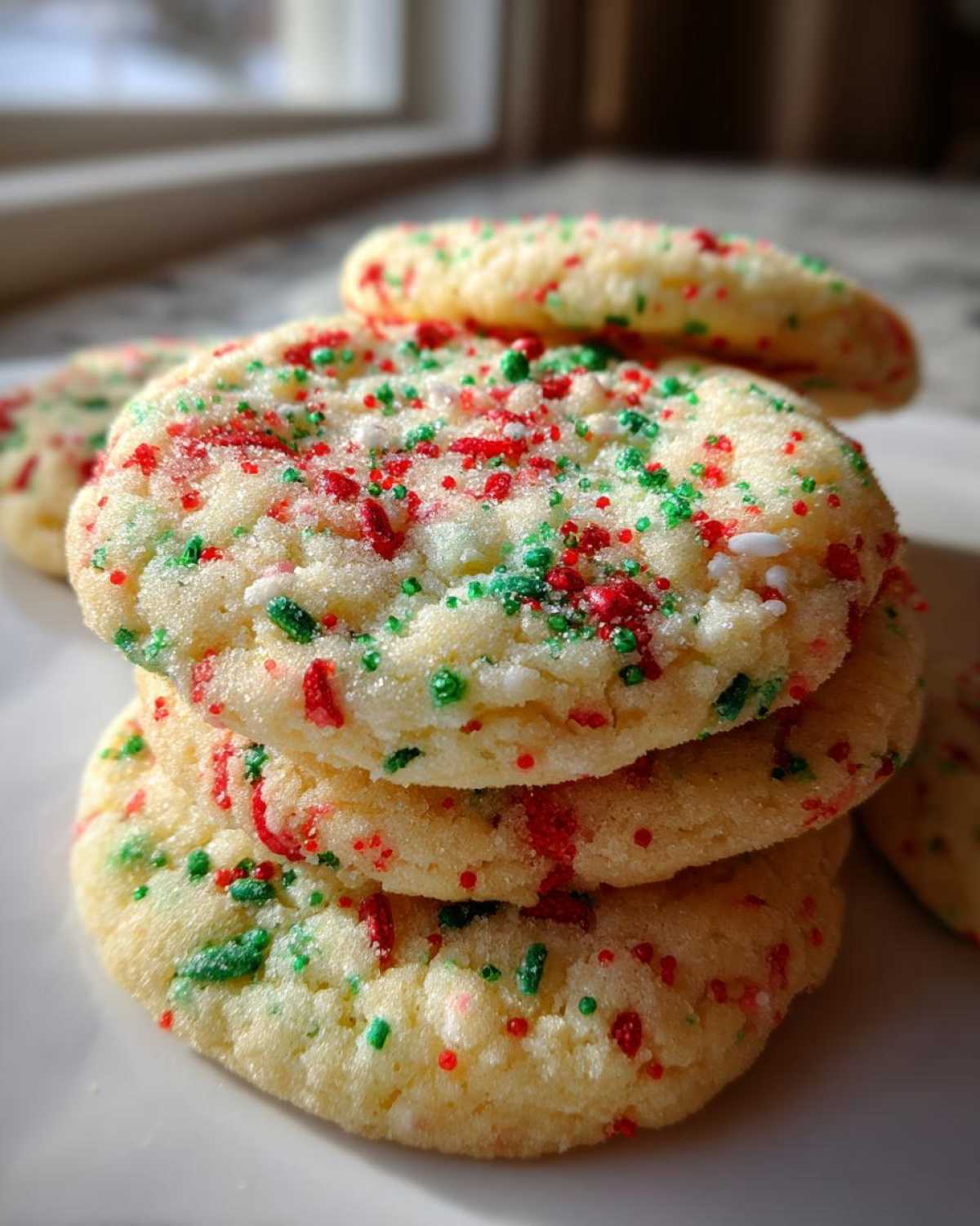 Close-up of a stack of soft, round christmas sprinkle sugar cookies topped with red and green sprinkles.