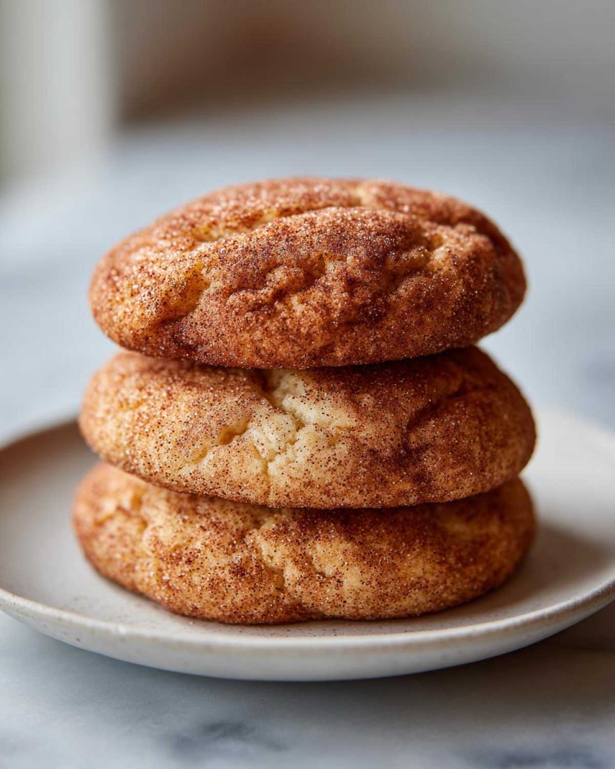 A vertical stack of three soft, chewy snickerdoodle cookies generously coated in cinnamon sugar.