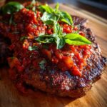 Close-up of a seared steak topped with rich tomato sauce and fresh basil, ready to serve as steak pizzaiola.