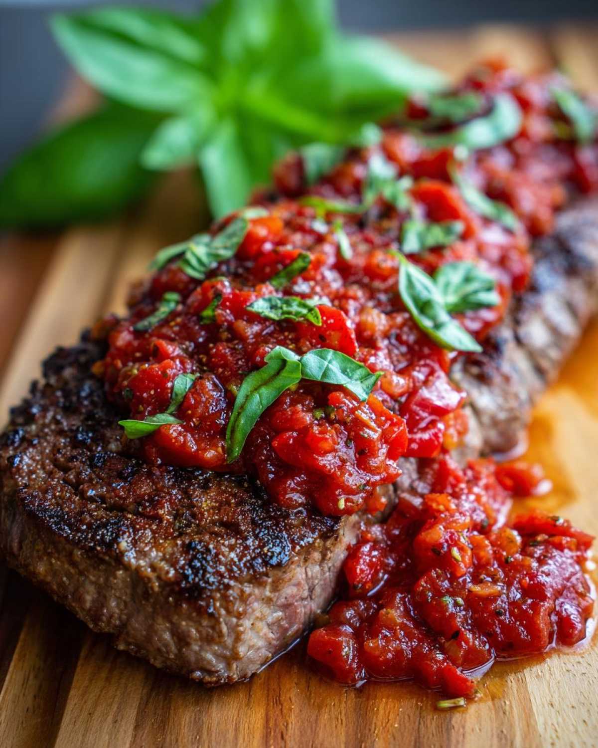Close-up of a perfectly seared steak pizzaiola topped with chunky tomato sauce and fresh basil leaves.