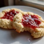Two strawberry cheesecake cookies on a white plate, one with a bite taken out, showing the jam filling.