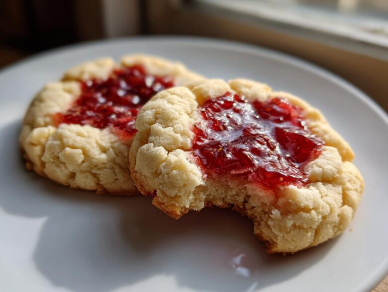 Two strawberry cheesecake cookies on a white plate, one with a bite taken out, showing the jam filling.