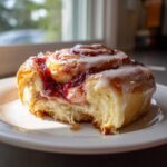 Close-up of a soft Strawberry Cheesecake Sweet Rolls with white icing and visible strawberry filling, sitting on a white plate.