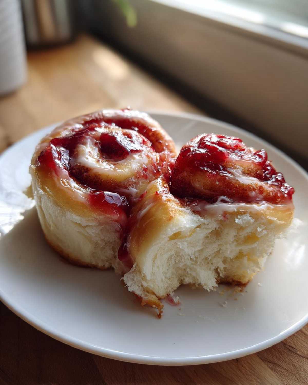 Two fluffy Strawberry Cheesecake Sweet Rolls drizzled with white icing and bright red strawberry topping on a white plate.