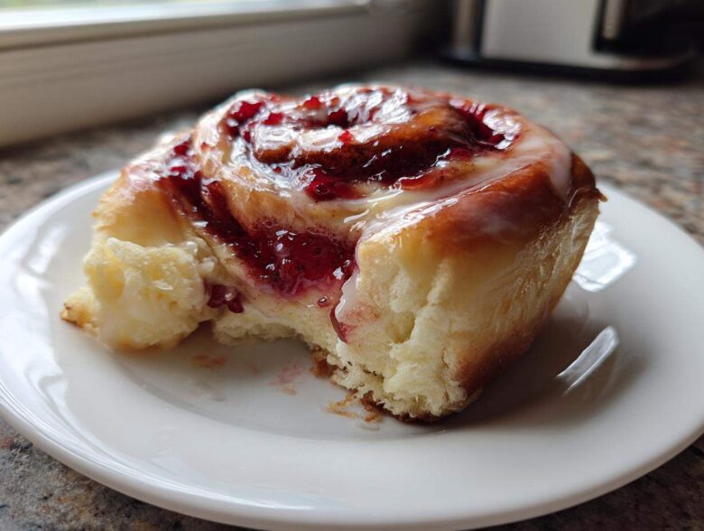 A close-up of a soft, glazed Strawberry Cheesecake Sweet Rolls with a bite taken out, showing the creamy filling.
