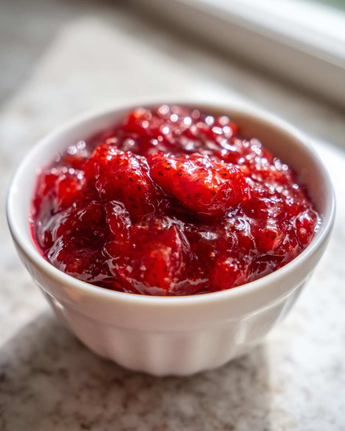 Close-up of chunky, vibrant red strawberry freezer jam served in a small white ramekin.