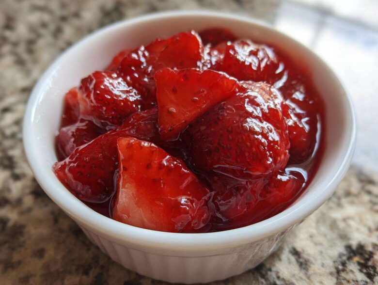 Close-up of chunky strawberry freezer jam glistening in a small white bowl on a granite countertop.