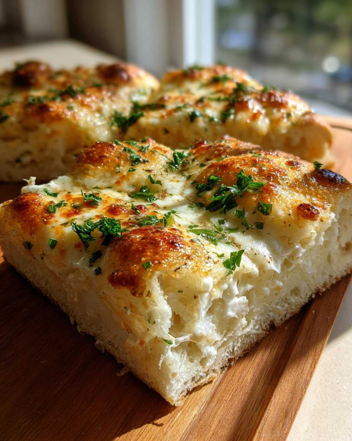 A thick slice of amazing 30-minute white pizza showing a fluffy crust and melted, bubbly cheese topping.