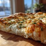 Close-up of a thick slice of amazing white pizza showing a fluffy crust and rich layer of melted cheese.