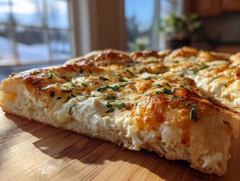 Close-up of a thick slice of amazing white pizza showing a fluffy crust and rich layer of melted cheese.