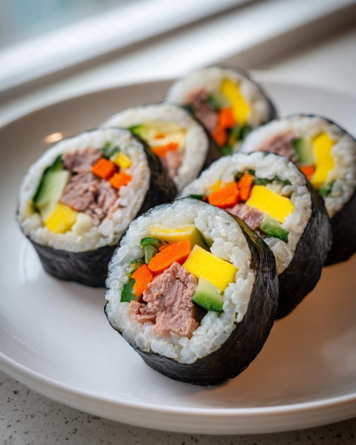 Six slices of fresh tuna kimbap showing fillings like tuna, egg, cucumber, and carrots, arranged on a white plate.