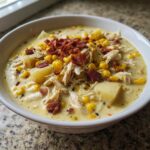 A close-up of a creamy bowl of chicken corn chowder, topped with shredded chicken, corn, potatoes, and crispy bacon bits.