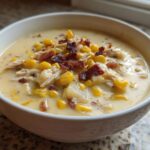 A close-up of a white bowl filled with creamy chicken corn chowder topped with corn kernels, shredded chicken, and crispy bacon bits.