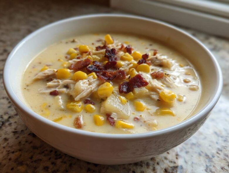 A close-up of a white bowl filled with creamy chicken corn chowder topped with corn kernels, shredded chicken, and crispy bacon bits.