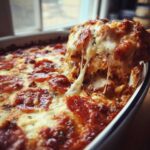 A spoonful of Ultimate 30-Minute pizza dip showing extreme cheese pull with pepperoni and sauce.