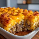 Close-up of a serving dish showing a cross-section of tater tot casserole with ground beef, creamy filling, and melted cheddar cheese.