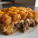 A hearty slice of ultimate tater tot casserole showing a crispy tater top, melted cheese, and ground beef layer.