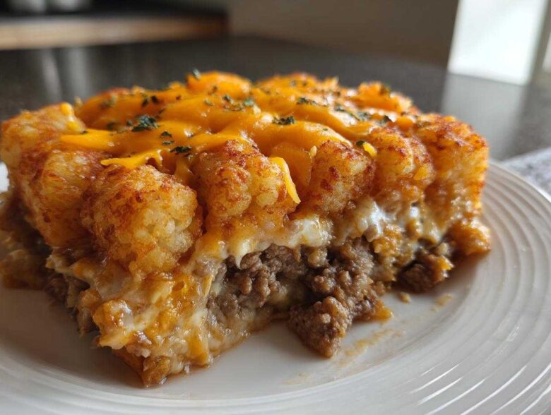 A hearty slice of ultimate tater tot casserole showing a crispy tater top, melted cheese, and ground beef layer.
