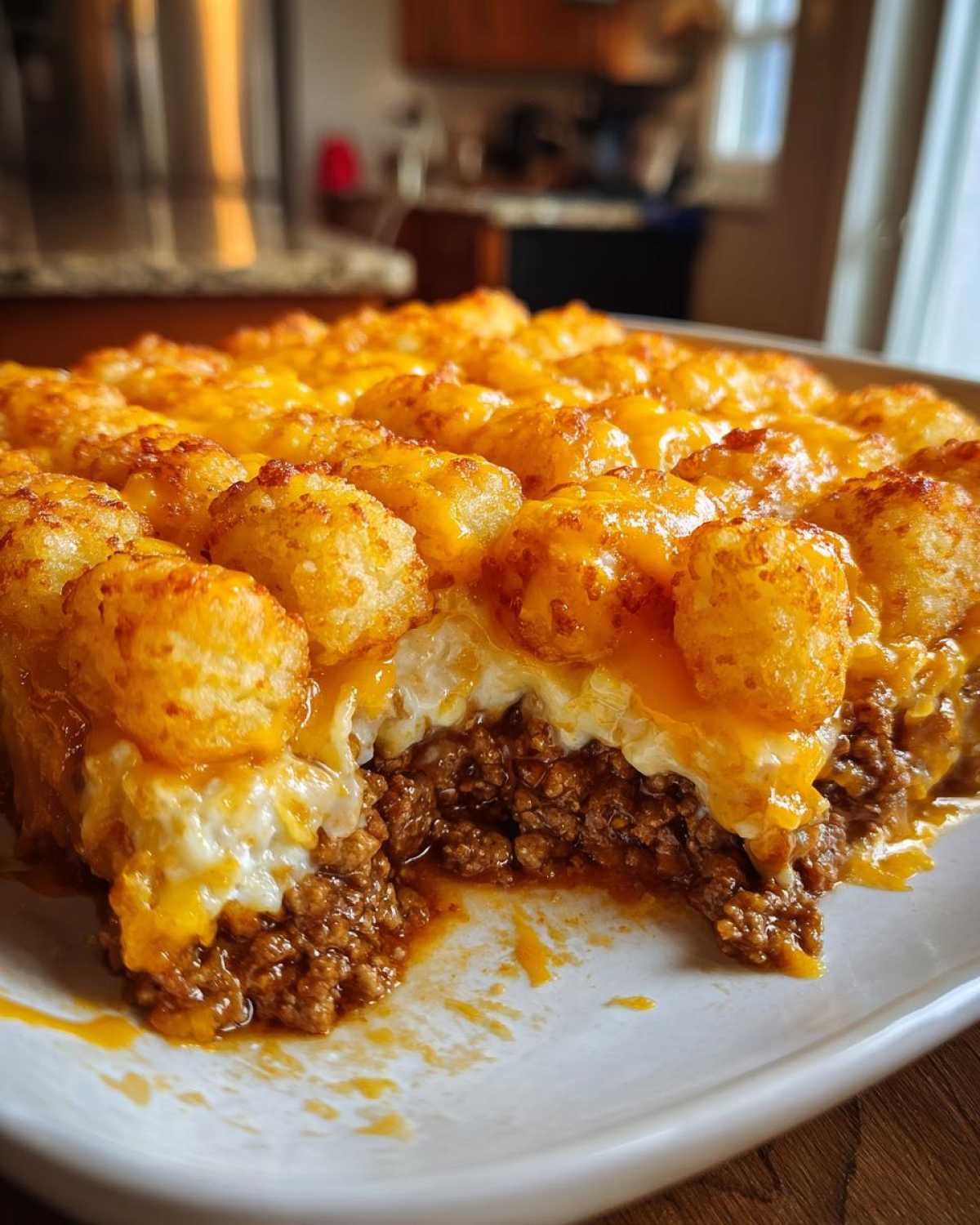 A close-up of a serving removed from the ultimate tater tot casserole, showing crispy tots, melted cheese, and seasoned ground beef.