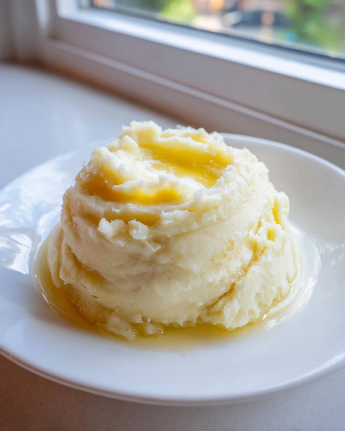 A mound of fluffy, ultra creamy mashed potatoes topped with melted butter pooling on a white plate.