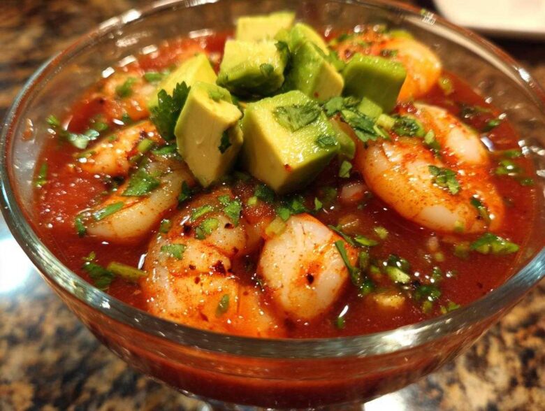 Close-up of a refreshing Mexican shrimp cocktail served in a glass, featuring plump shrimp in red sauce, topped with diced avocado and cilantro.