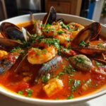 A close-up of a vibrant red seafood soup filled with mussels, shrimp, clams, and garnished with fresh parsley.