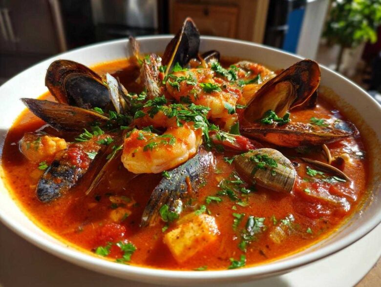 A close-up of a vibrant red seafood soup filled with mussels, shrimp, clams, and garnished with fresh parsley.