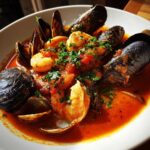 Close-up of a vibrant red seafood soup featuring large shrimp, mussels in shells, and clams in a rich broth, garnished with parsley.