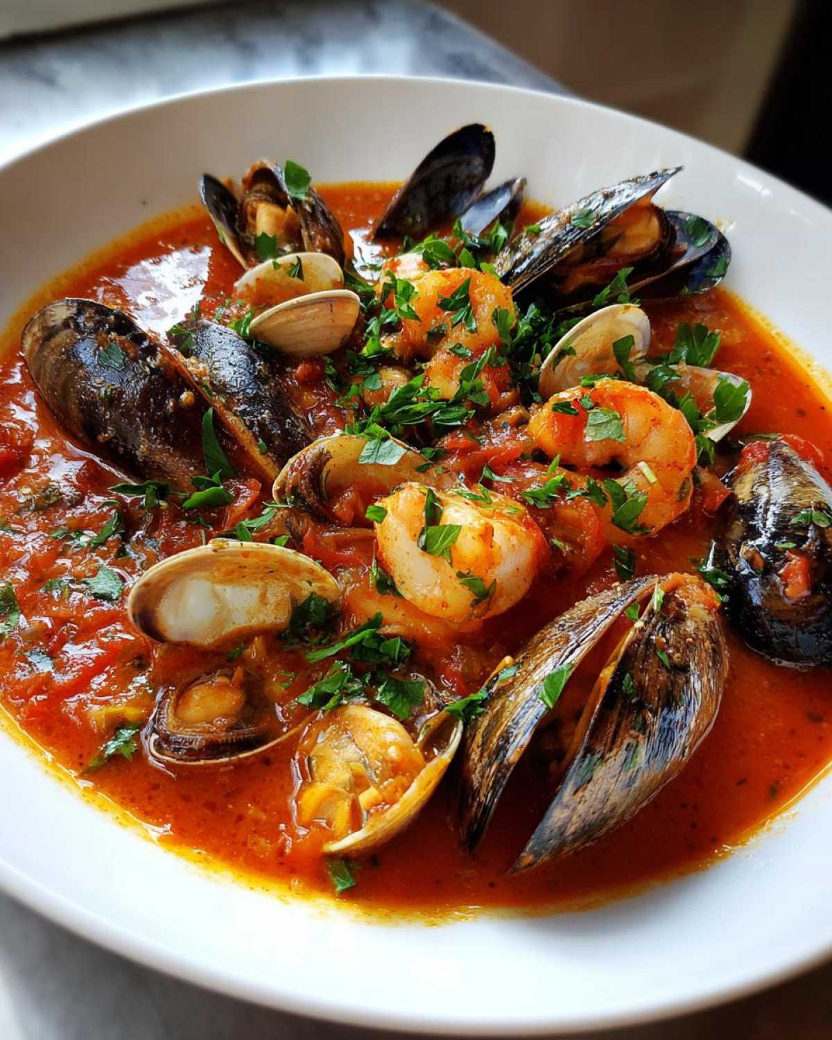 A close-up of a vibrant, rich tomato seafood soup loaded with mussels, clams, and shrimp, garnished with fresh parsley.