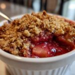 Close-up of a warm, bubbling rhubarb crisp with a golden, crumbly topping served in a white ramekin.