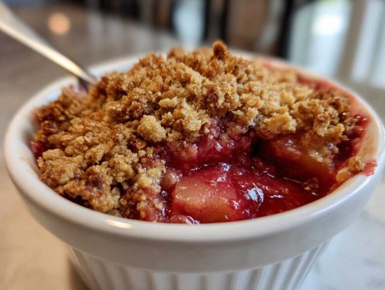 Close-up of a warm, bubbling rhubarb crisp with a golden, crumbly topping served in a white ramekin.