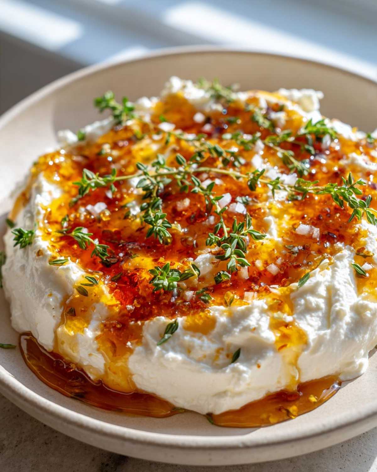 A close-up of creamy whipped ricotta dip drizzled with hot honey and fresh thyme sprigs.