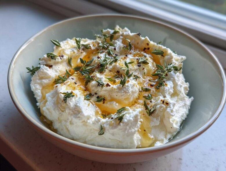 A bowl of fluffy whipped ricotta dip drizzled with honey and topped with fresh thyme leaves.