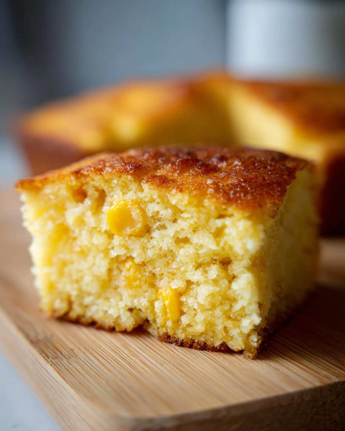 Close-up of a moist slice of corn casserole showing whole kernels of corn baked inside.