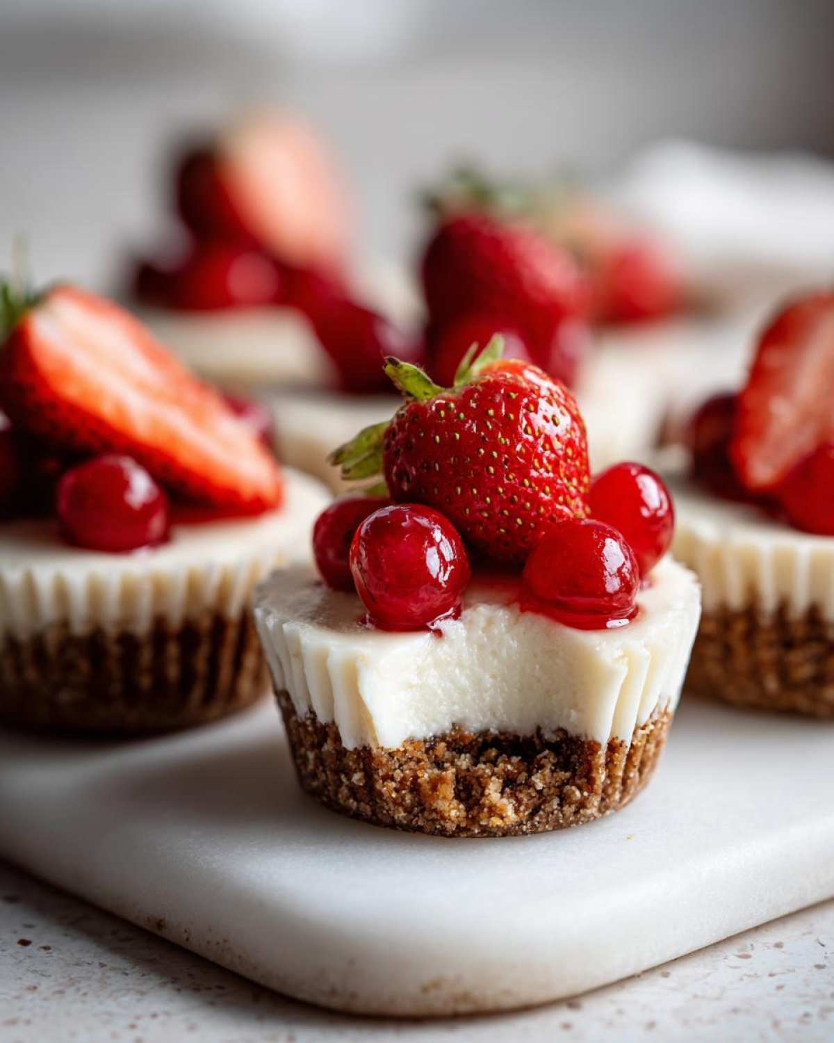 A close-up of a 150 calorie cheesecake bite with a bite taken out, topped with a strawberry and cherries.
