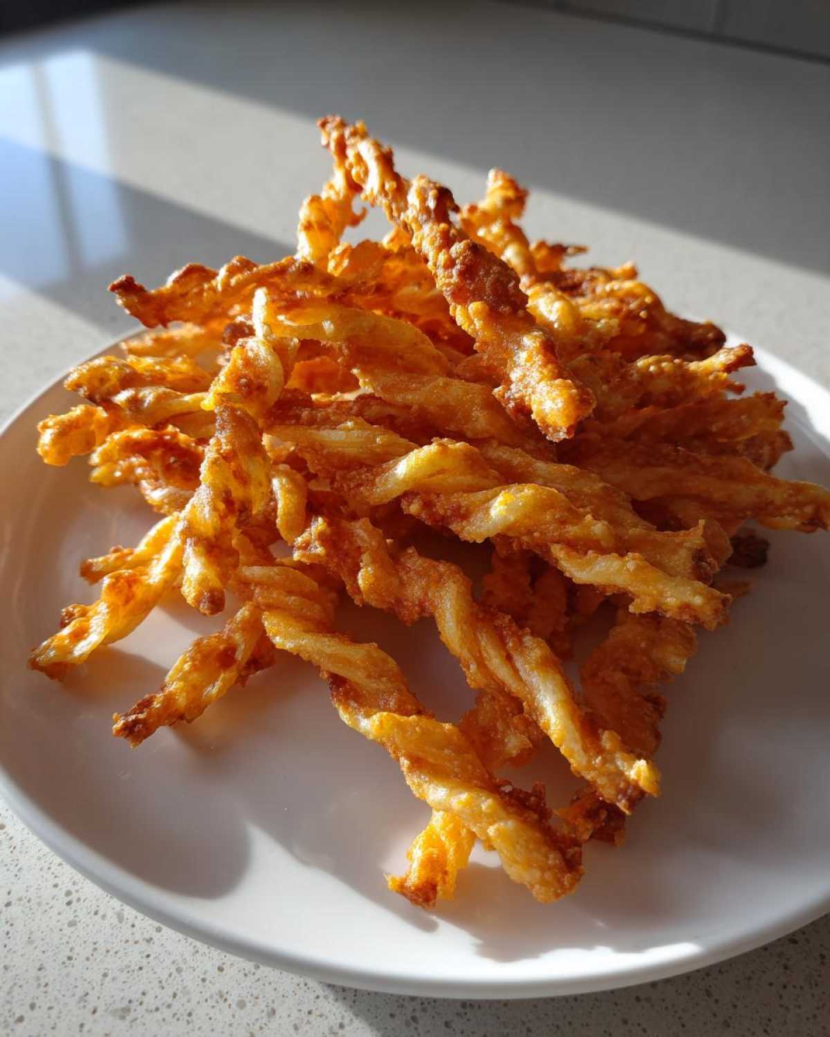 A pile of golden, crispy, twisted cheese straws recipe served on a white plate under bright sunlight.
