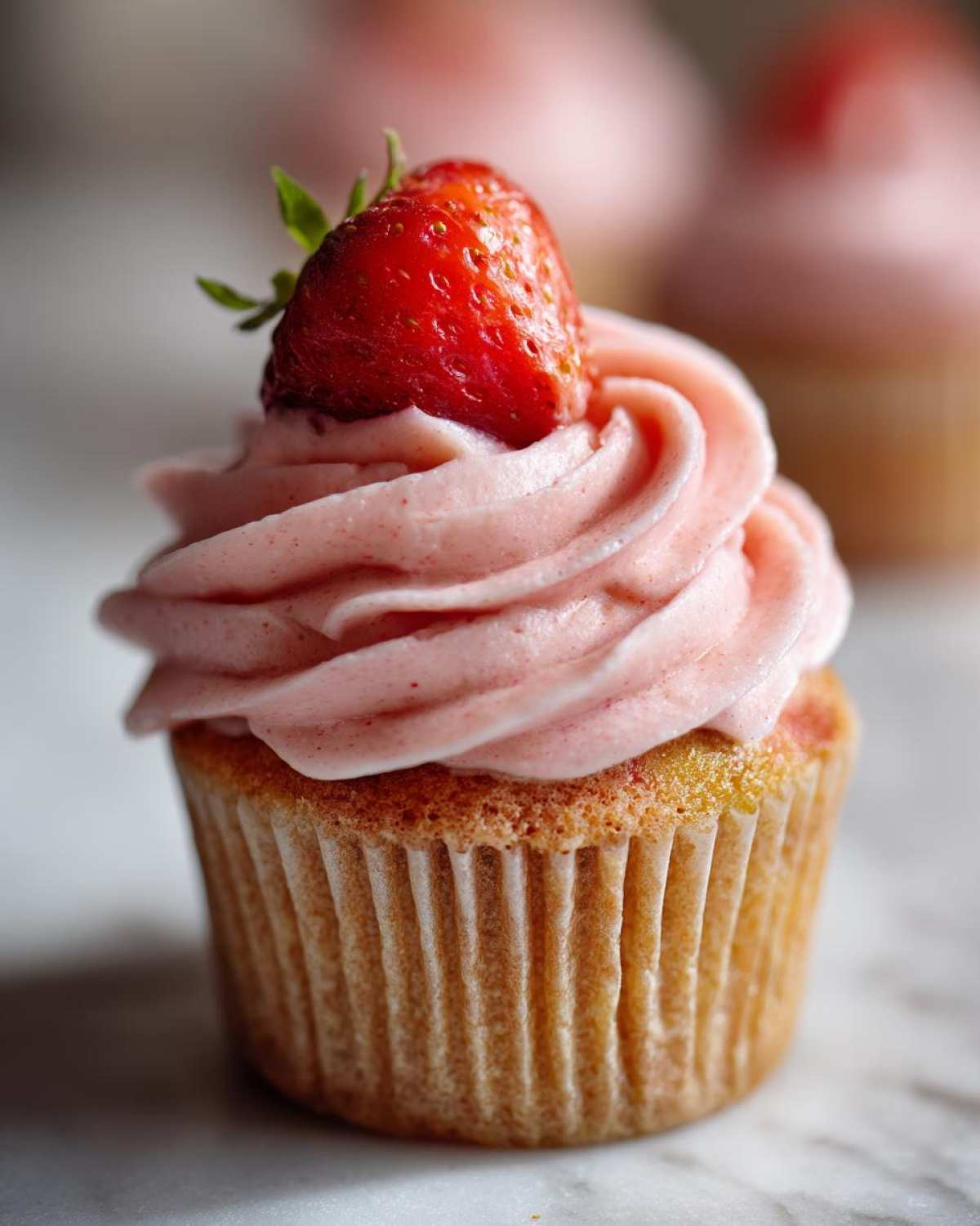 A single, perfectly frosted strawberry cupcake topped with a fresh strawberry, showcasing the pink frosting swirl.